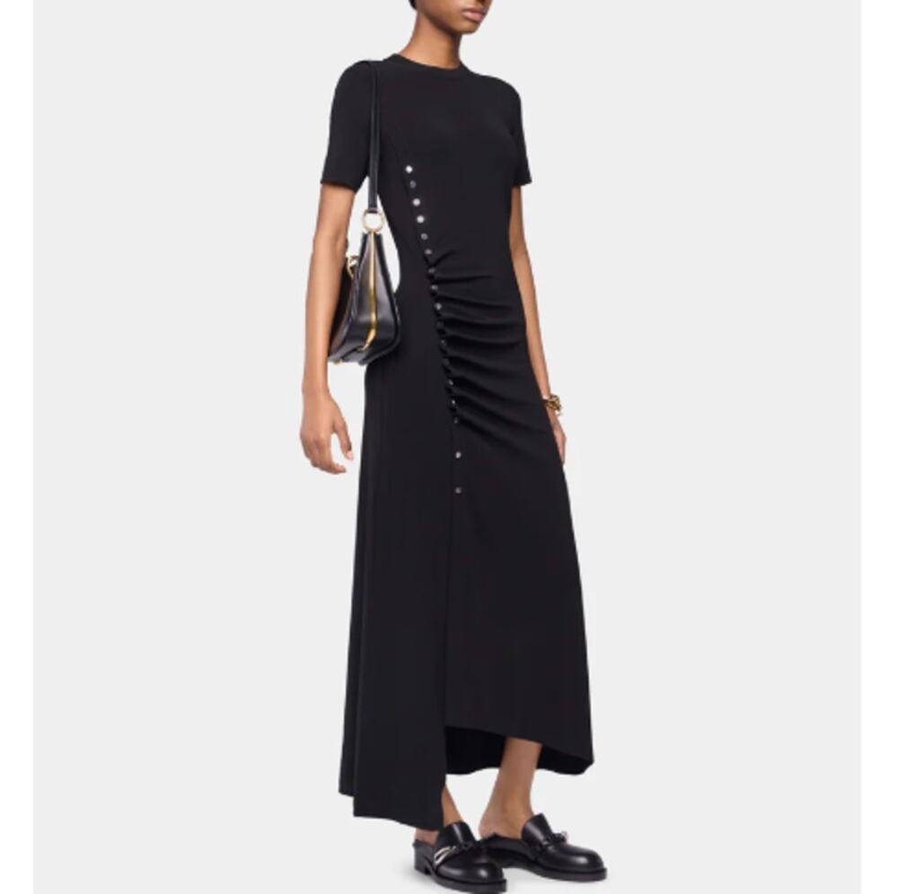 Rabanne Women's Black Short Sleeve Side Drape Jersey Midi Dress Size 36 | US4